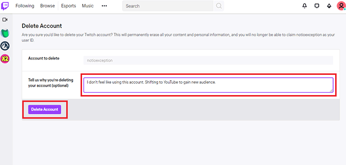 Delete Twitch Account