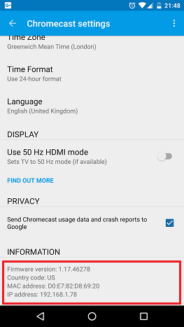 Google Chromecast Firmware Version