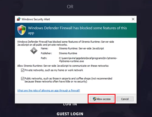 Allow Access to Use Stremio on PC